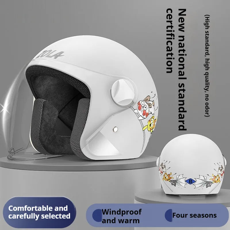 Electric bicycle helmet with attached winter scarf and anti-fog visor in blue colour