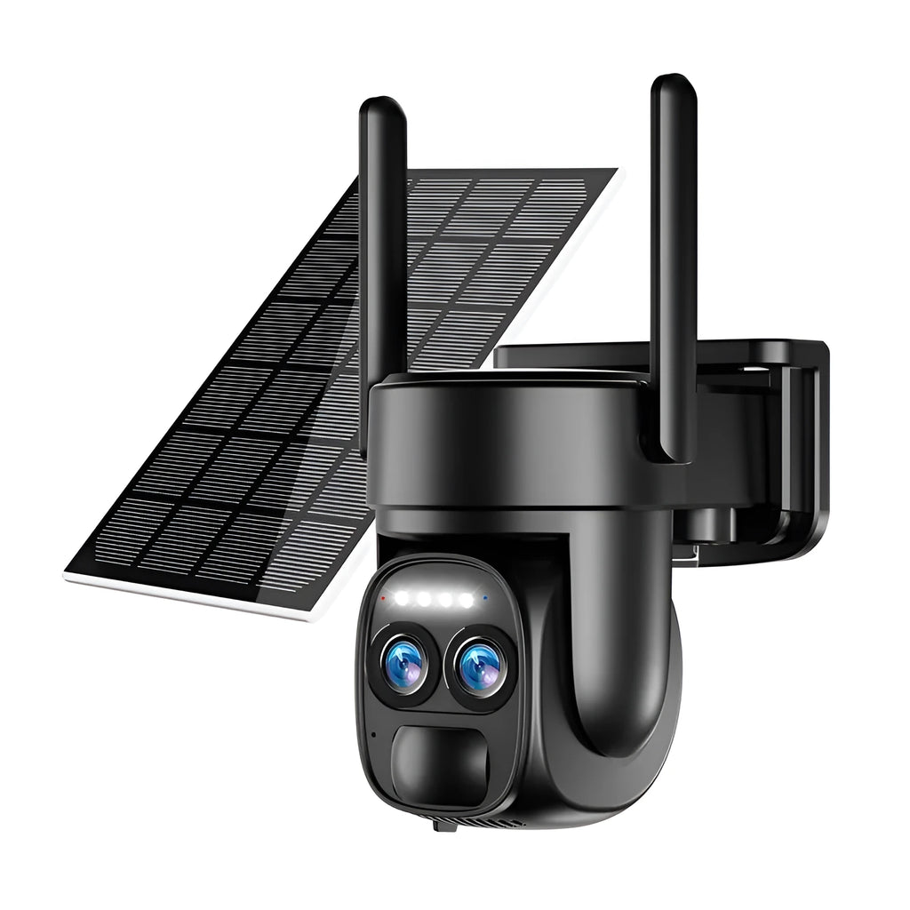 Solar panel mounted on a security camera with zoom lens for outdoor surveillance