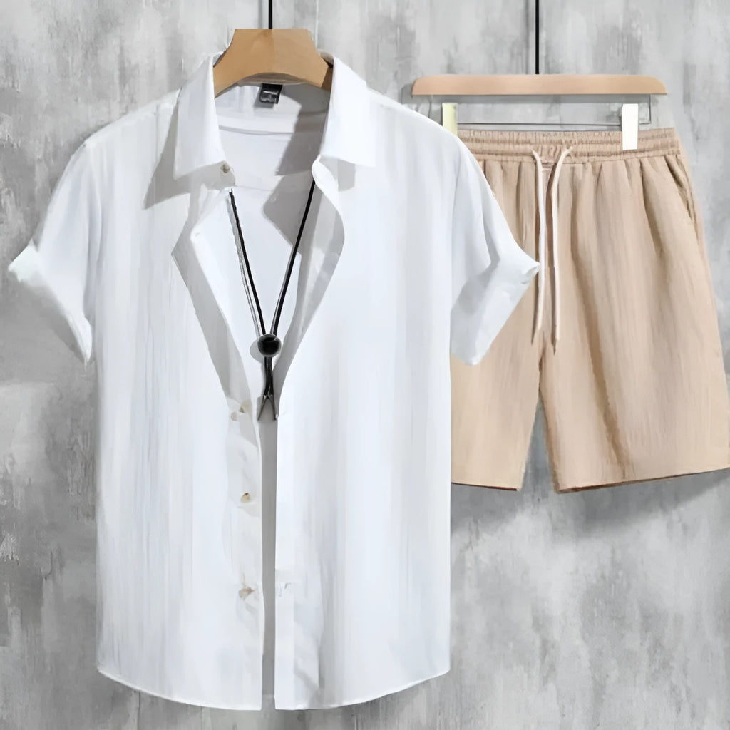Men's Hawaiian shirt outfit with 3D printed design, short sleeves, and matching shorts