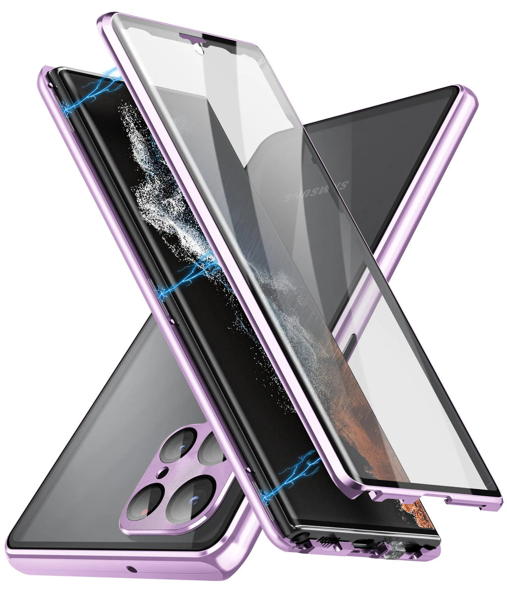 Samsung S24 Ultra phone case with mirror and magnetic metal construction in black, blue, gold, green, purple, red, and silver.