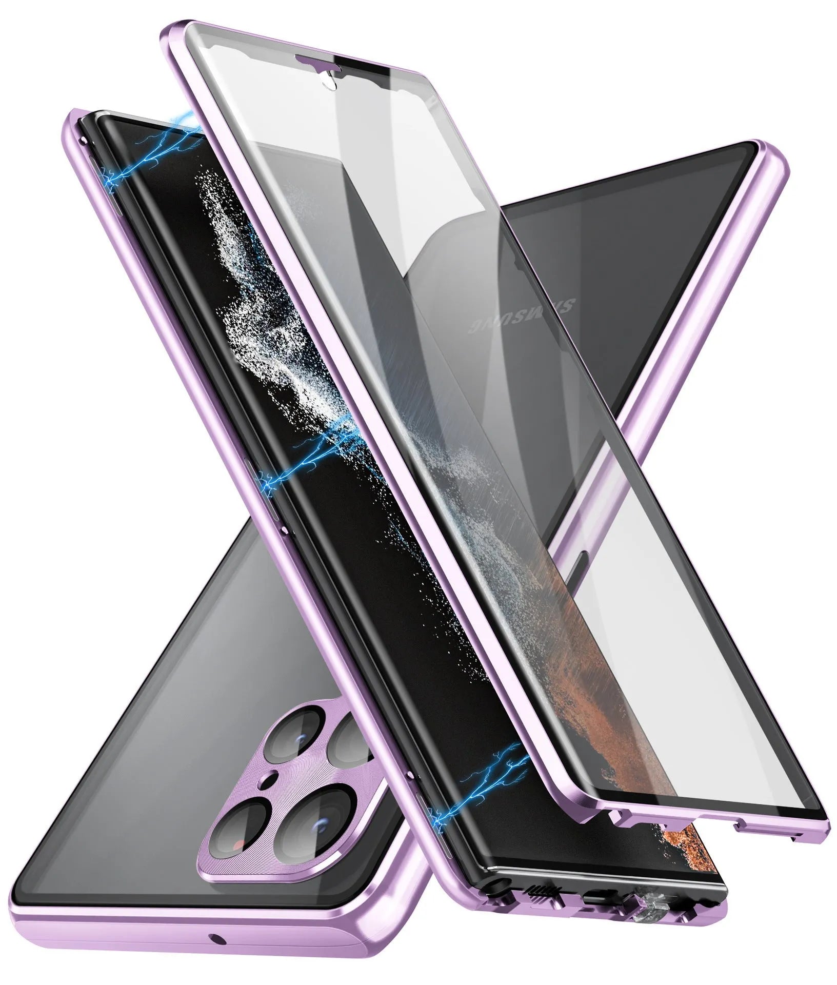 Samsung S24 Ultra phone case with mirror and magnetic metal construction in black, blue, gold, green, purple, red, and silver.