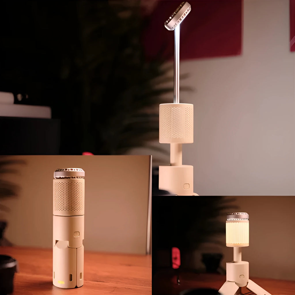 Portable creamy white and dark grey LED camping lantern with a button switch on a table.