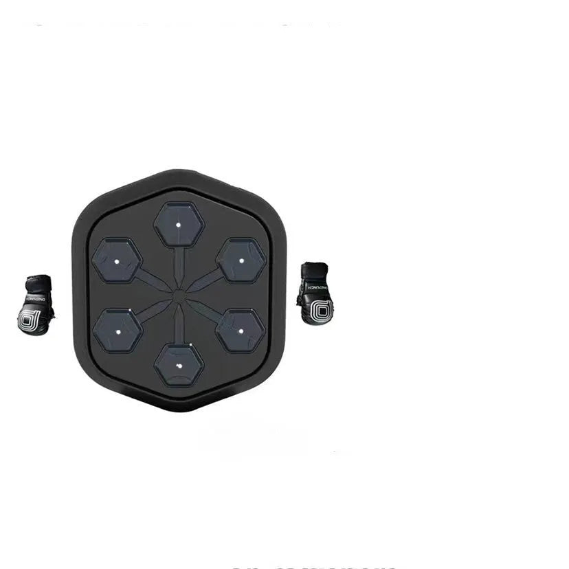 Black smart boxing machine with Bluetooth connection and included velcro gloves for home fitness training