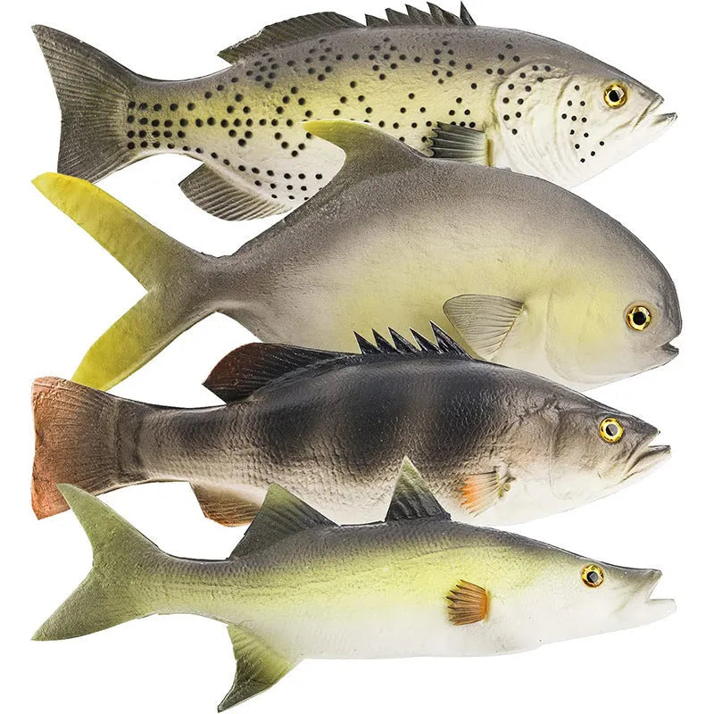 Three PU simulated fish ornaments showing yellow-fin tuna, flower fish, and small tuna models for aquarium décor