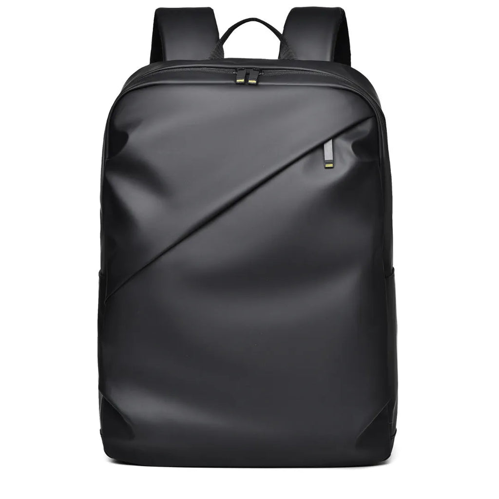 Large black waterproof PU leather backpack with sewing thread detail, shown from a side angle.