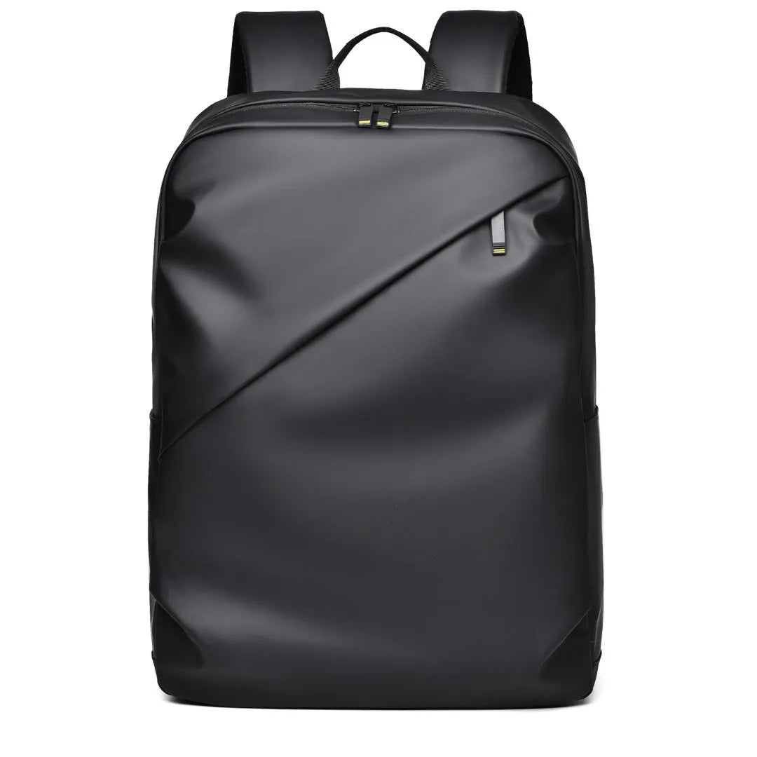Large black waterproof PU leather backpack with sewing thread detail, shown from a side angle.