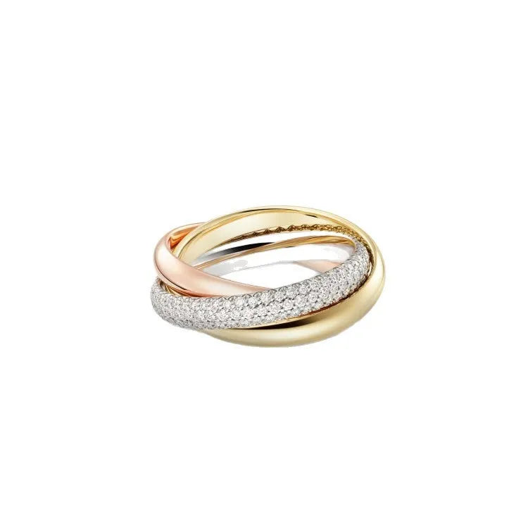 Three stackable geometric U-shaped sterling silver couple rings on a finger, showing gold rose silver finish.
