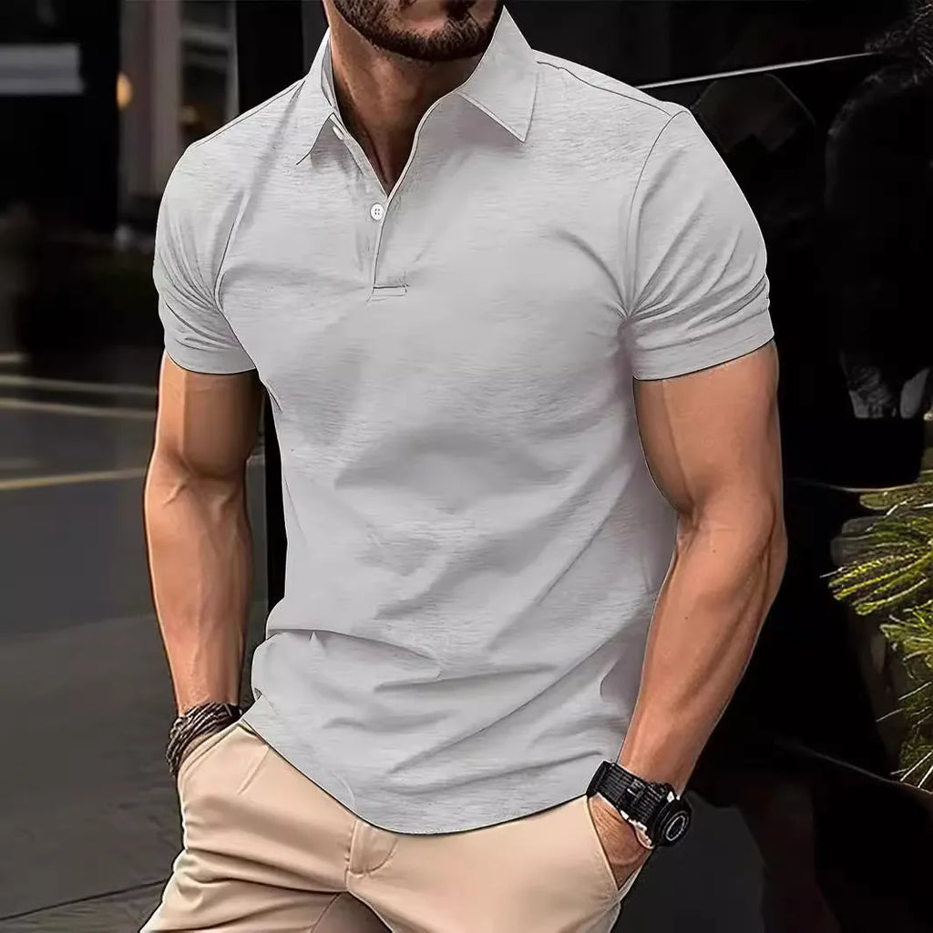 Men's slim fit solid colour button short sleeve shirt on a hanger
