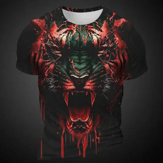 Men's grey T-shirt with detailed 3D tiger pattern on chest, short sleeves, pullover style