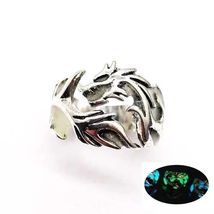 Chinese style luminous dragon pattern adjustable metal ring with antique silver blue and green electroplated finish