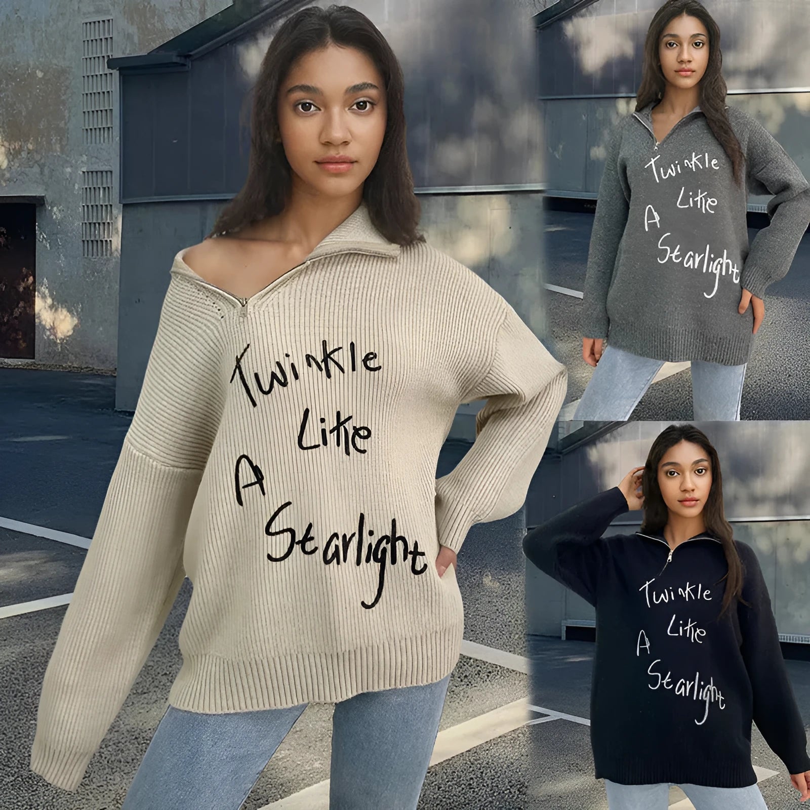 Light khaki women's alpaca wool sweater with oblique zip, turtleneck, and loose lapels.