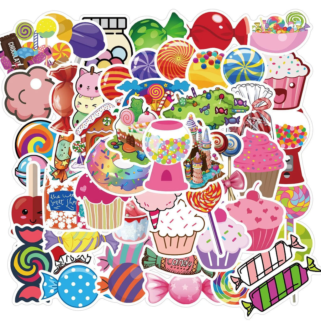 Pack of 50 colourful candy graffiti cartoon stickers measuring 4-6cm.
