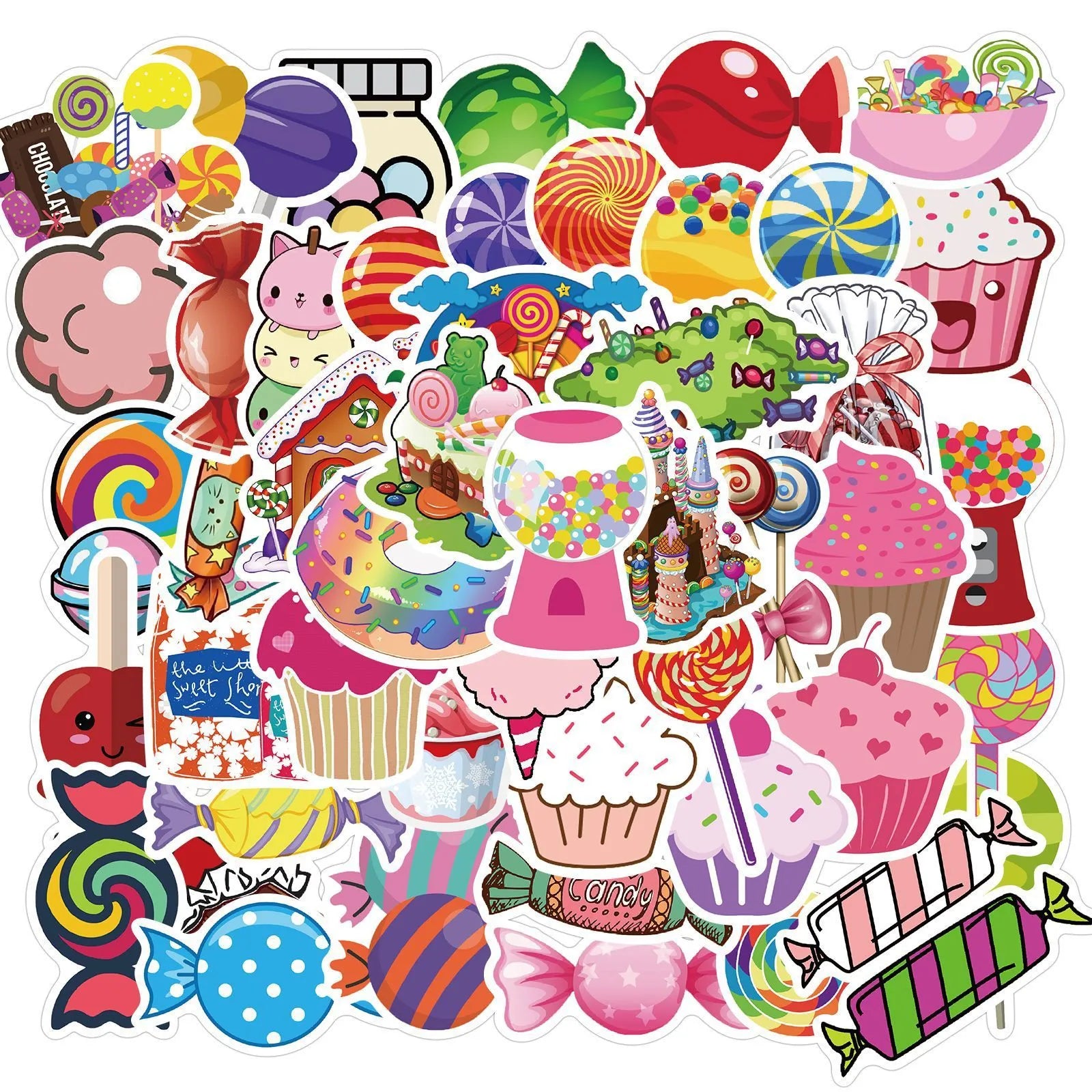 Pack of 50 colourful candy graffiti cartoon stickers measuring 4-6cm.