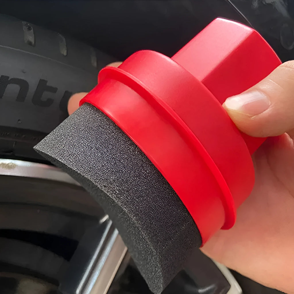 Black car tyre polishing sponge brush with plastic lid on a 85mm by 120mm yellow plastic housing