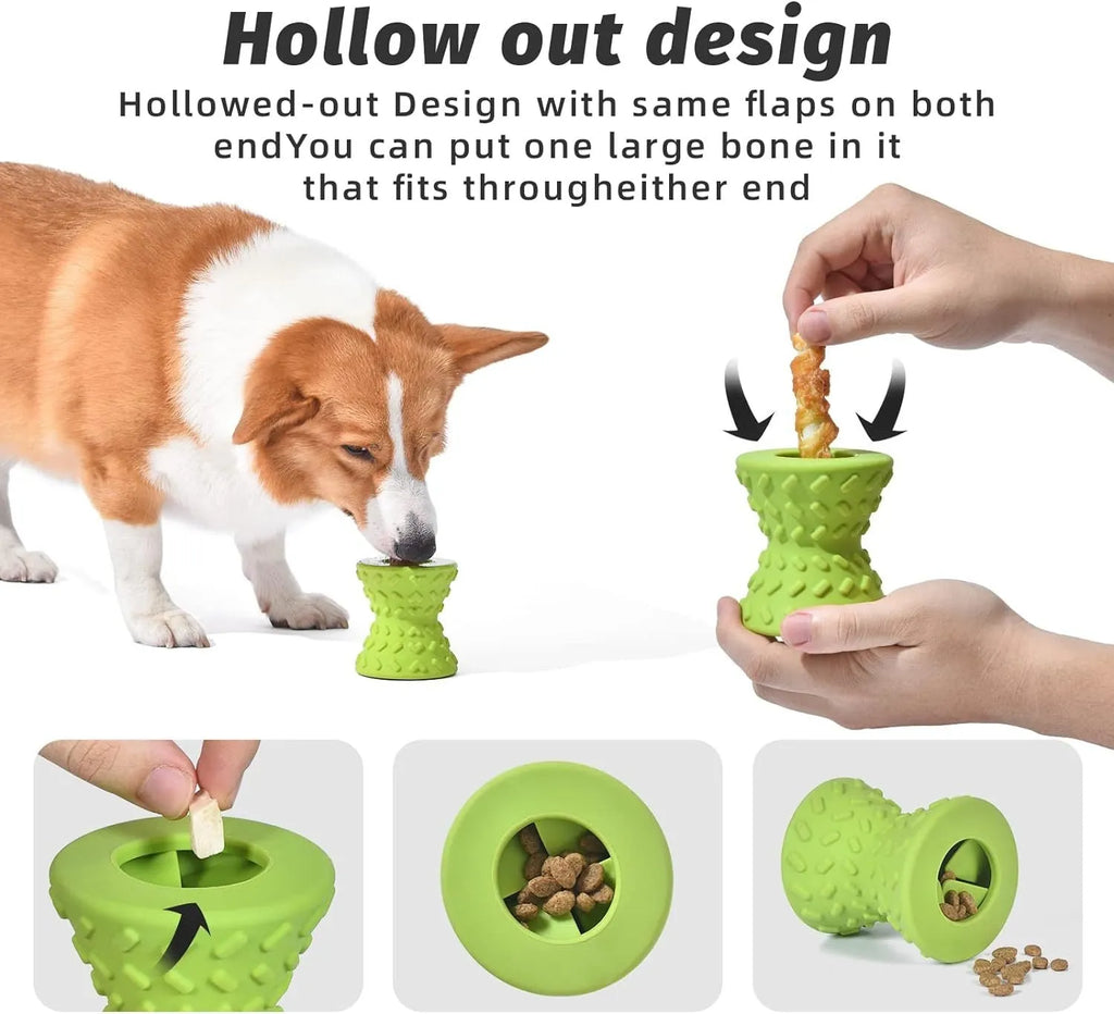 Blue rubber bone-shaped dog toy with hollow centre and food leakage holes