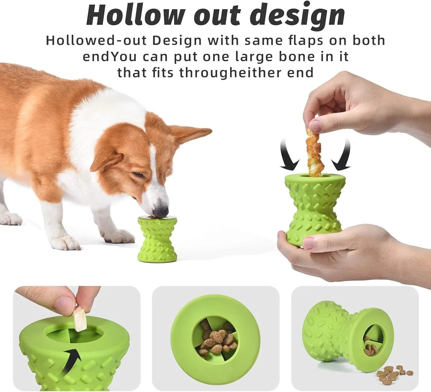 Blue rubber bone-shaped dog toy with hollow centre and food leakage holes