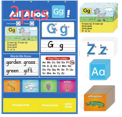 Alphabet learning sleeve table chart with word, letter, and picture cards on a flannel surface.