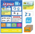 Alphabet learning sleeve table chart with word, letter, and picture cards on a flannel surface.