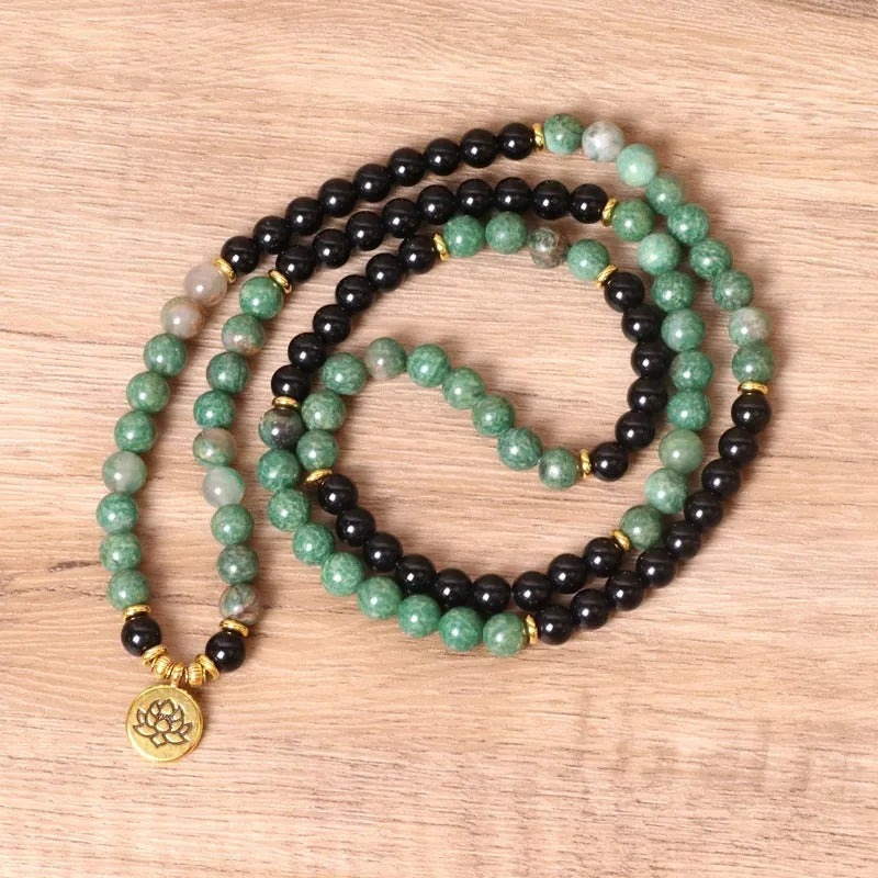 Green and black alloy beaded long bracelet with elastic stretch band