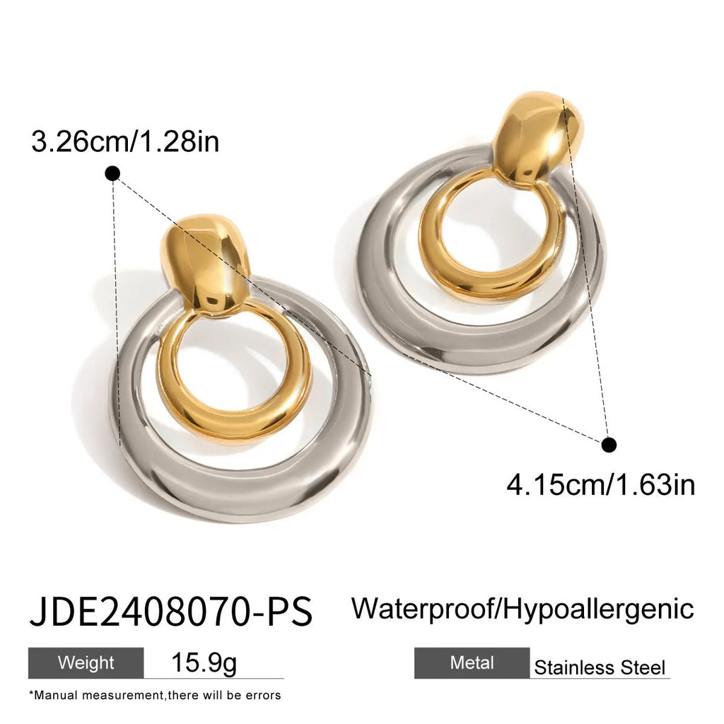 18K gold plated double layer hollow stud earrings with round geometric shape on titanium steel