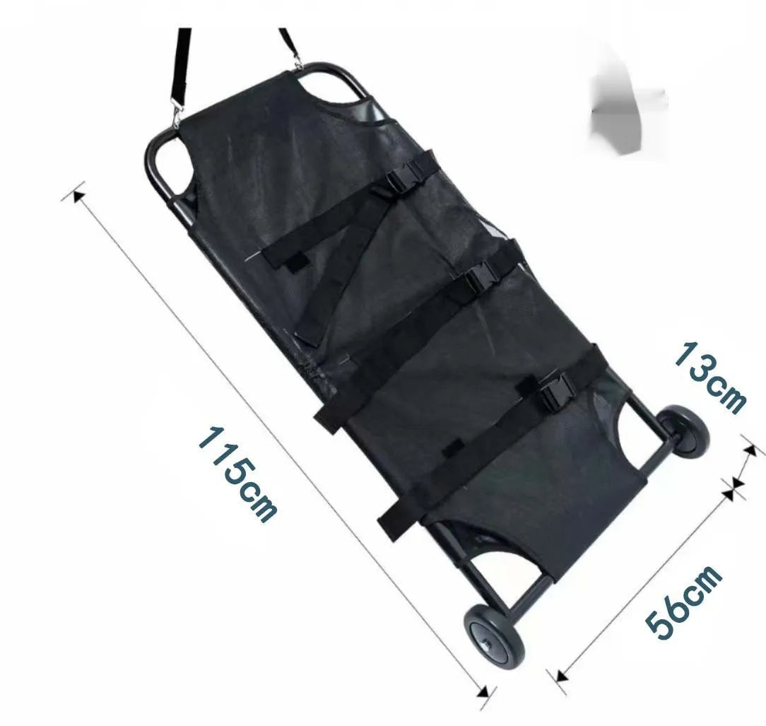 Large black aluminium alloy pet stretcher in folded position for dog emergency transport
