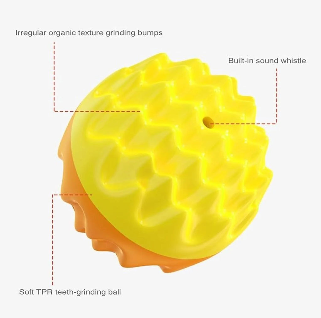 Blue and orange squeaky dog ball toy with dental cleaning spiky bumps for aggressive chewers