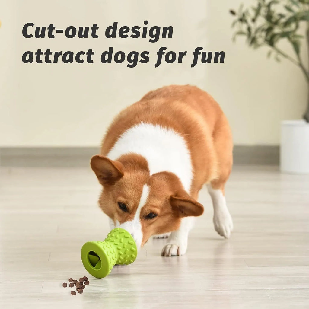 Blue rubber bone-shaped dog toy with hollow centre and food leakage holes