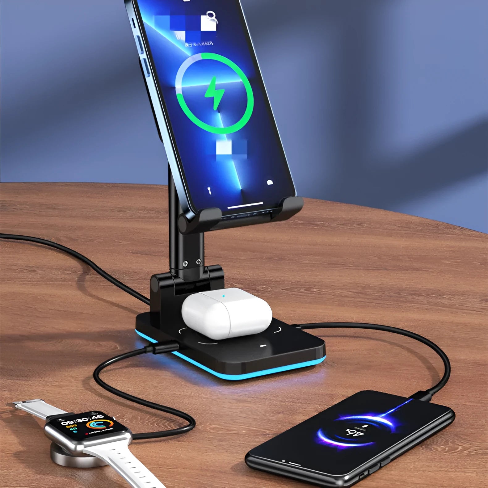 Black and white desktop wireless charging mobile phone holder stand on a desk.