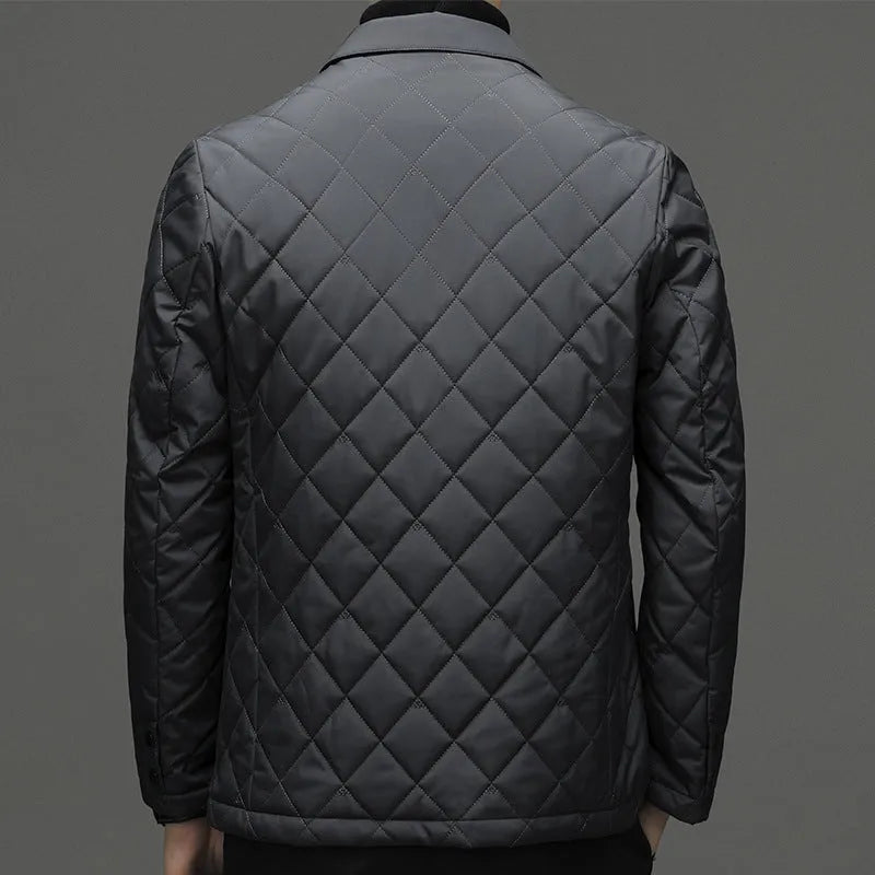 Men's solid colour lapel collar winter down jacket shown in cardigan style.