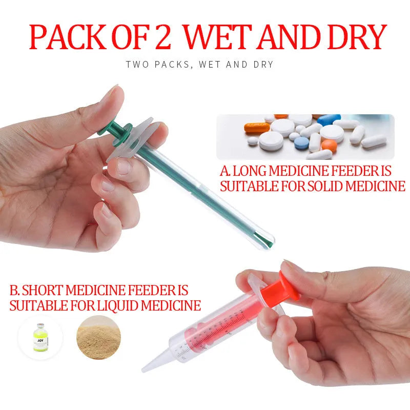 Two pet pill shooters with soft silicone tips, different sizes, for administering medicine to cats and dogs.