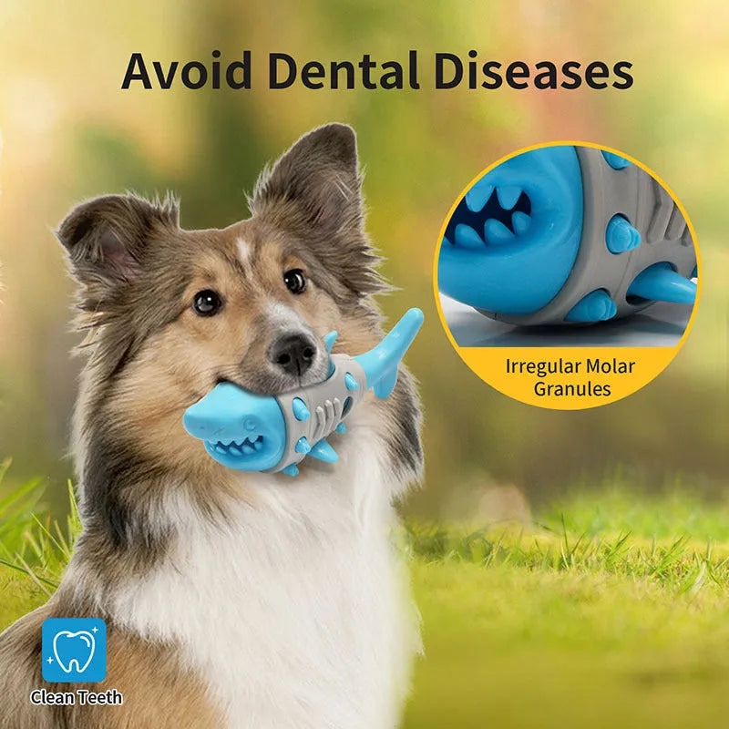 Blue leaky dog chew toy with shark-tooth texture for teeth cleaning and bite-resistant design