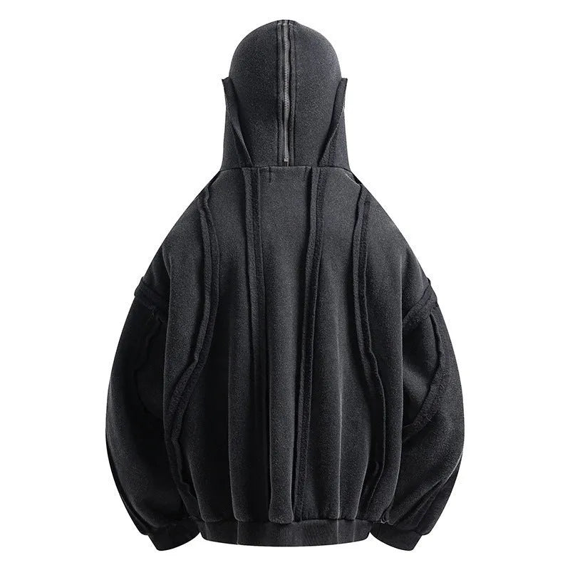 Black retro loose hooded cotton coat with padding and front zip.