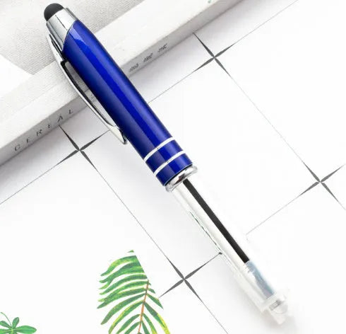 Red multifunctional metal ballpoint pen with capacitive stylus tip and LED light