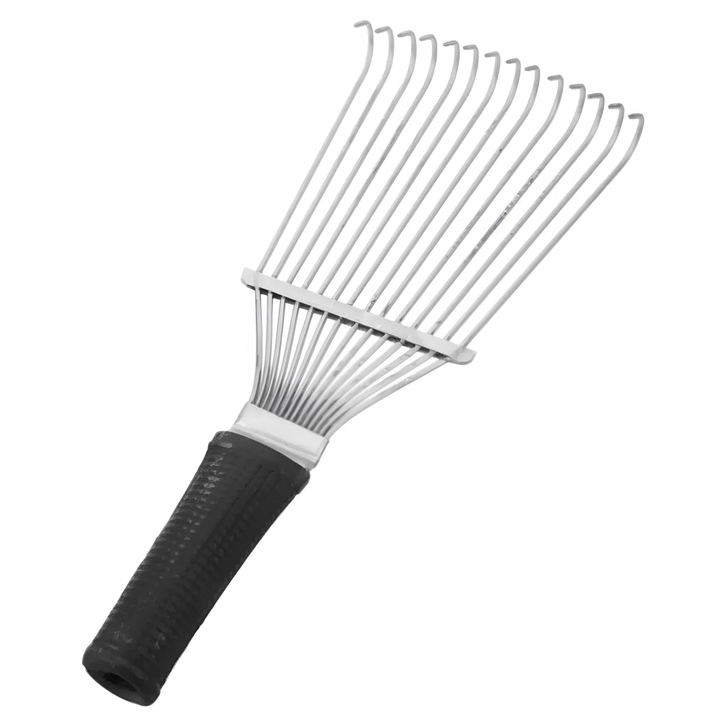 Black stainless steel pet grooming rake comb with curved teeth, shown on a plain background.