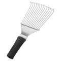Black stainless steel pet grooming rake comb with curved teeth, shown on a plain background.