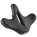 Black leather bicycle seat cushion with thick polyurethane foam padding for shock absorption.