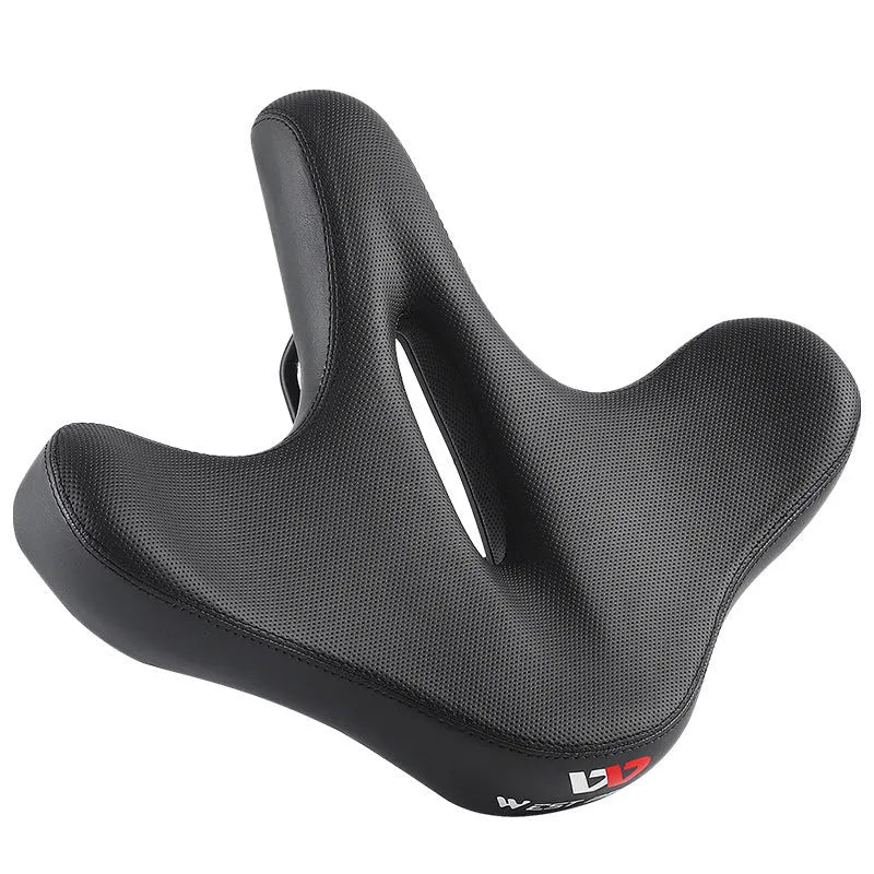 Black leather bicycle seat cushion with thick polyurethane foam padding for shock absorption.