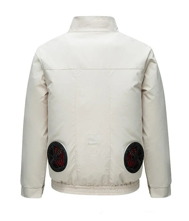 Men's black outdoor cooling jacket with ventilation holes for fan system in hot weather work conditions