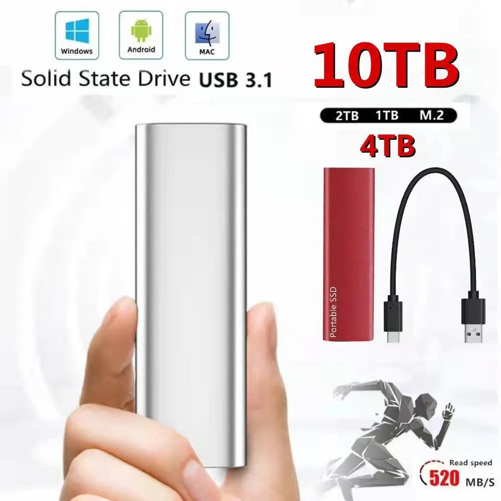 Ultra-thin metal portable external SSD drive in red, shown next to a laptop.