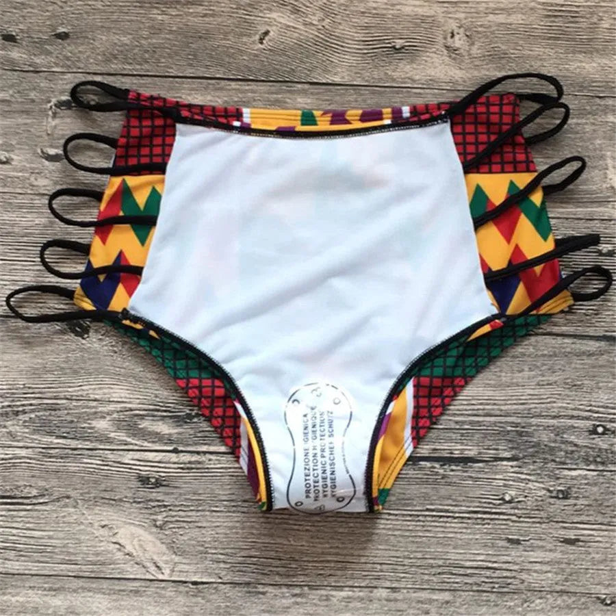 Women's digital print bikini swimsuit with high-waist briefs and backless design