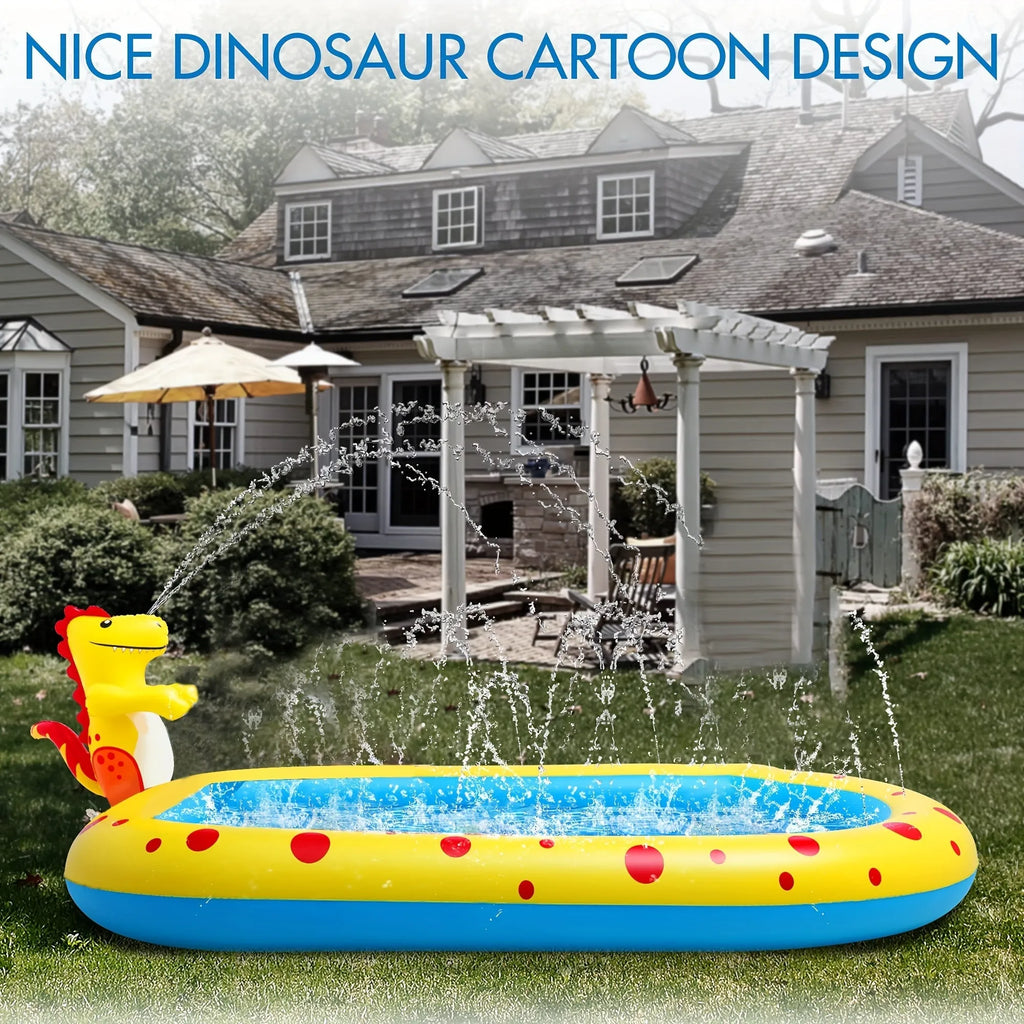 Blue dinosaur water spray pool with built-in splash nozzles for kids' outdoor play