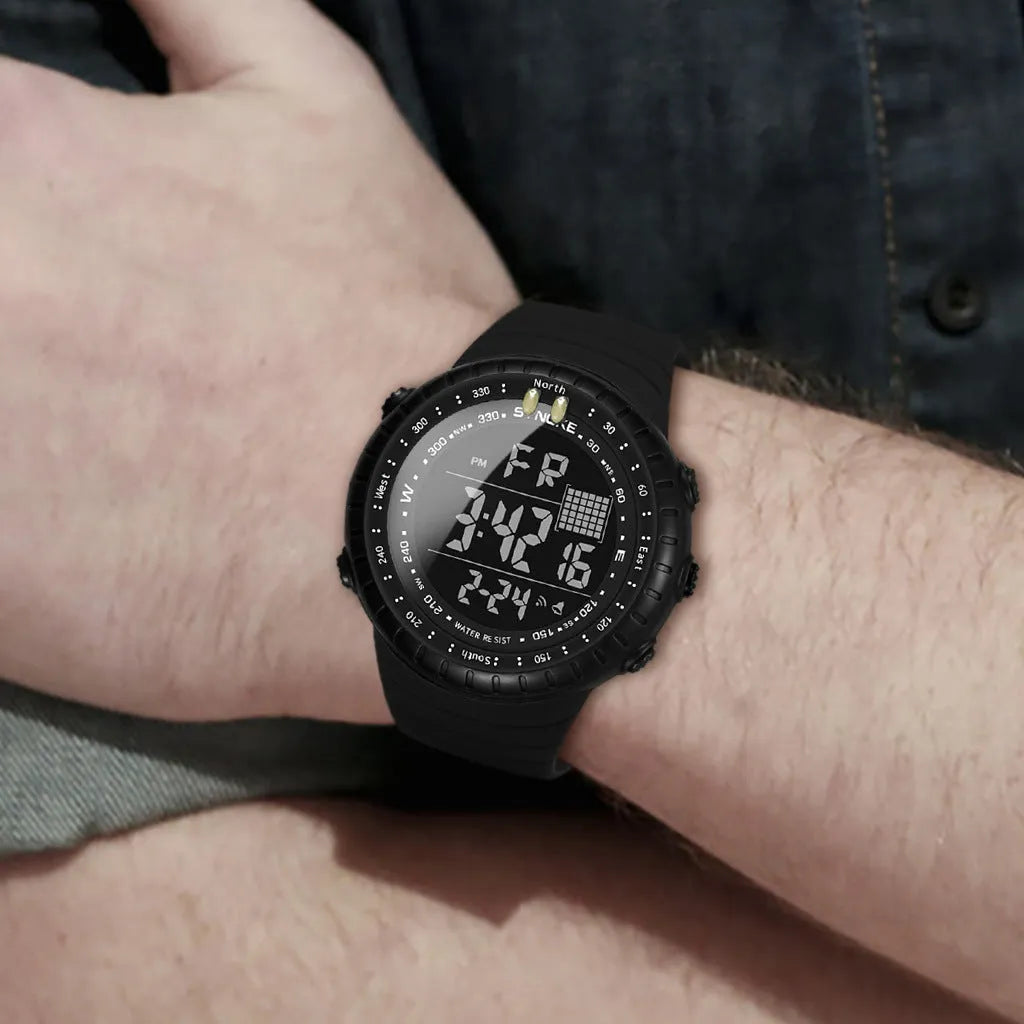 Black digital sports watch with 50 metre waterproof rating and 54.74 mm display