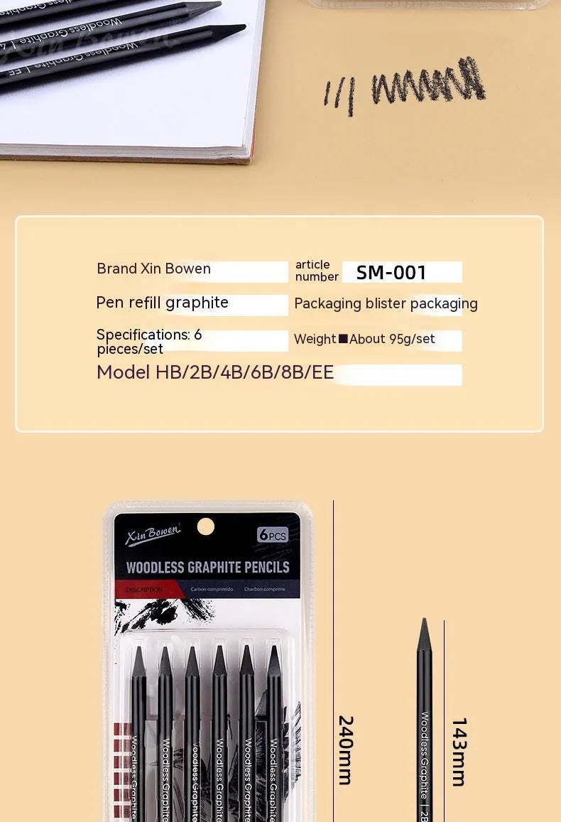 Wood-free graphite sketching pencil set with six different grade pencils for art drawing
