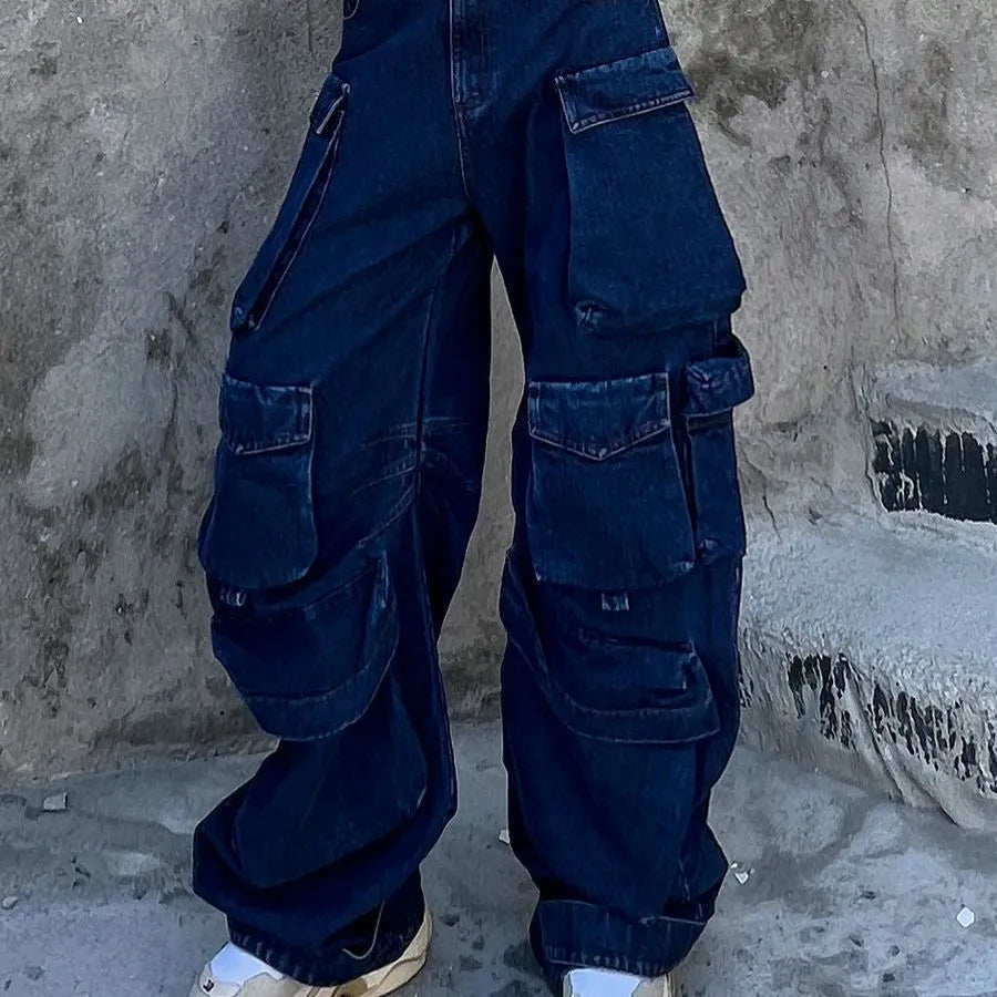 Dark blue distressed wide-leg jeans with high waist and multiple pockets on cotton denim fabric