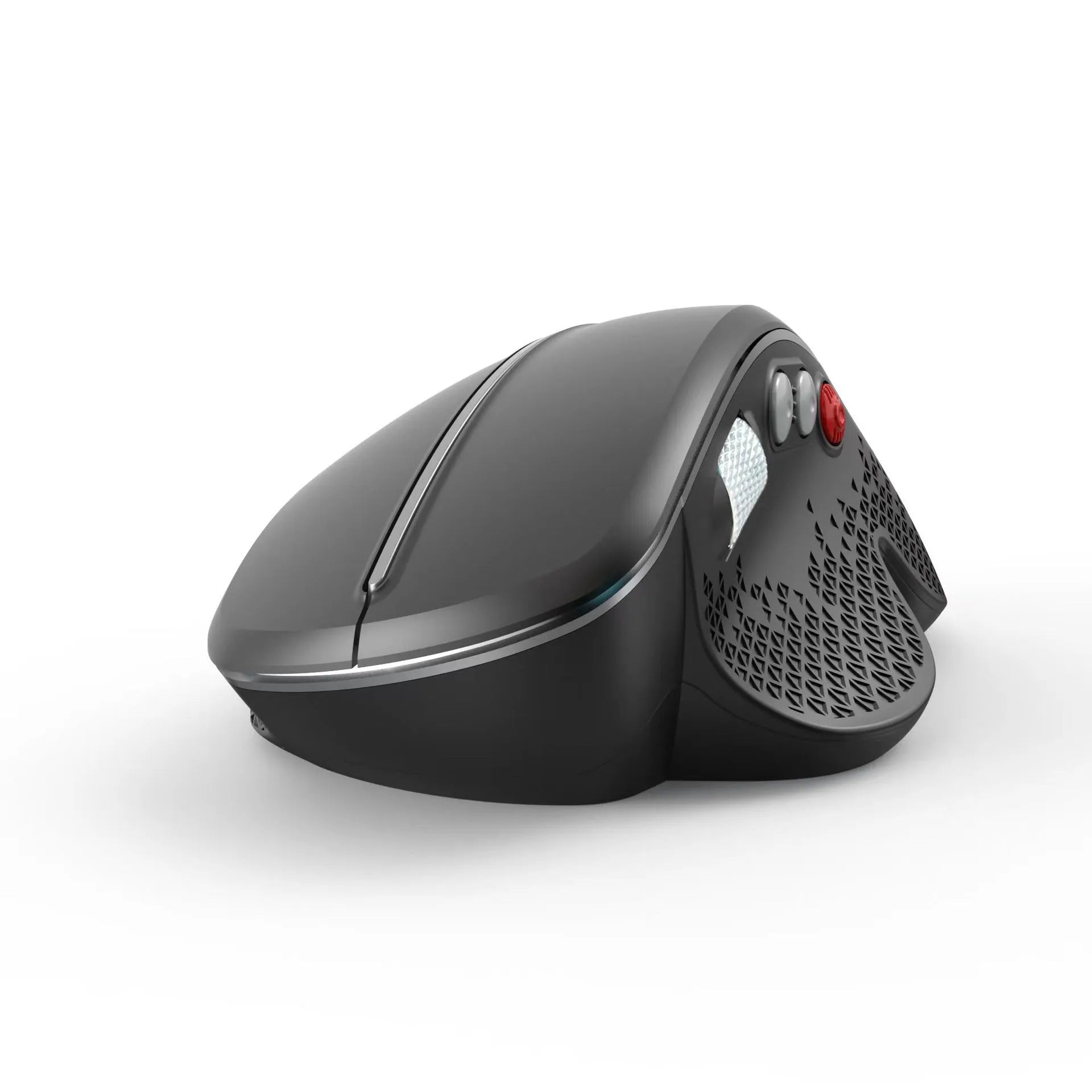 T32 wireless vertical ergonomic mouse in black matte texture showing aluminium side roller and 6-button layout.
