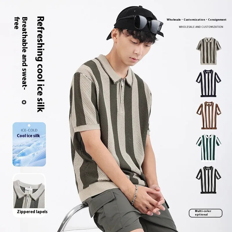 Men's ice silk short sleeve sweater with stripe pattern and zip decoration in multiple colour options
