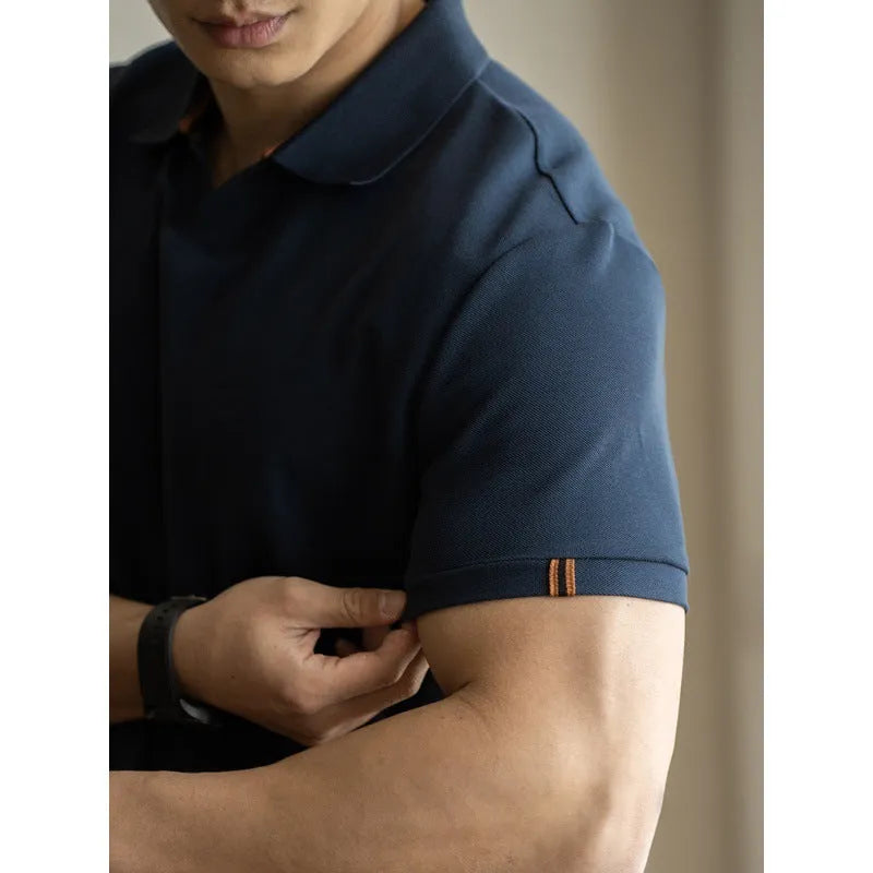 American-style cotton blend short-sleeved polo shirt in blue on a hanger