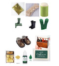 Set of 24 small bottles of cream cake and soap pigment colours with crafting tools like glitter and a sponge.