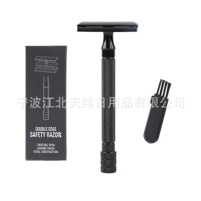Old-fashioned manual metal shaving scraper and brush set in black and silver finishes