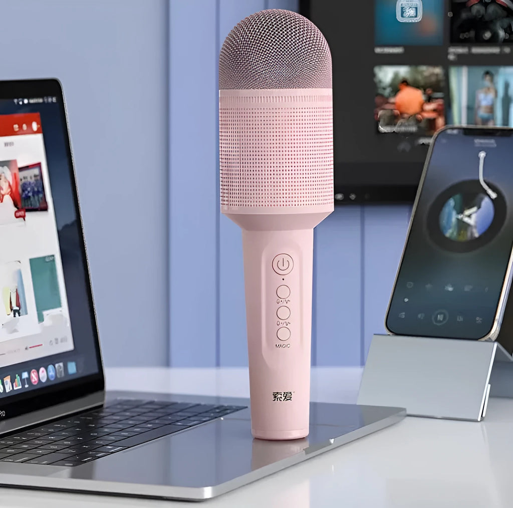 Wireless Bluetooth karaoke microphone in pink, blue, and green colours with USB connectivity